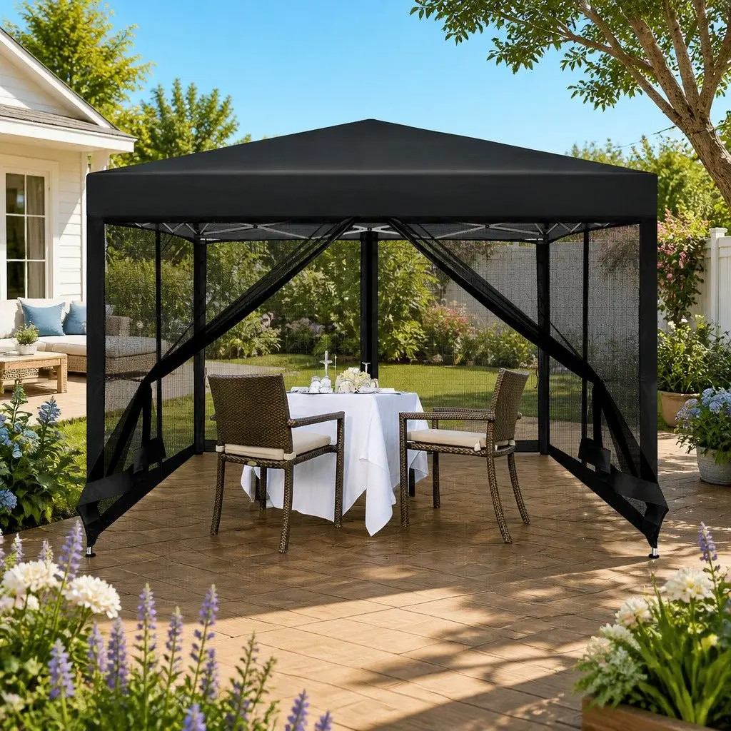Pop Up Gazebo Canopy Tent Black 3x3m Portable Outdoor Shelter with Adjustable Height and Mesh Walls