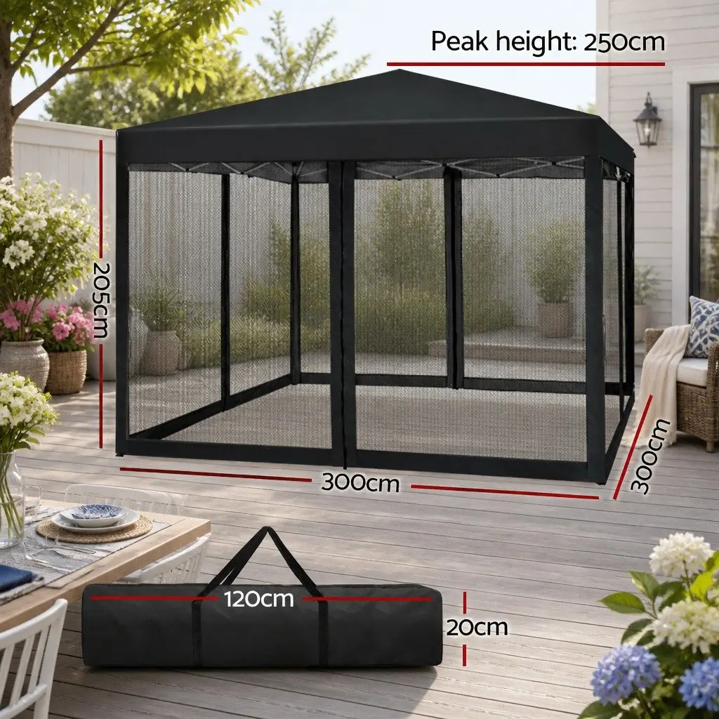 Pop Up Gazebo Canopy Tent Black 3x3m Portable Outdoor Shelter with Adjustable Height and Mesh Walls