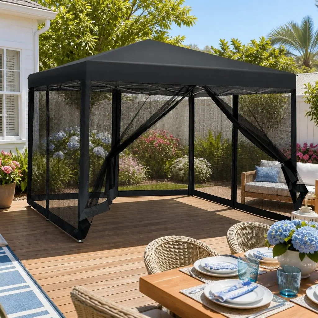 Pop Up Gazebo Canopy Tent Black 3x3m Portable Outdoor Shelter with Adjustable Height and Mesh Walls