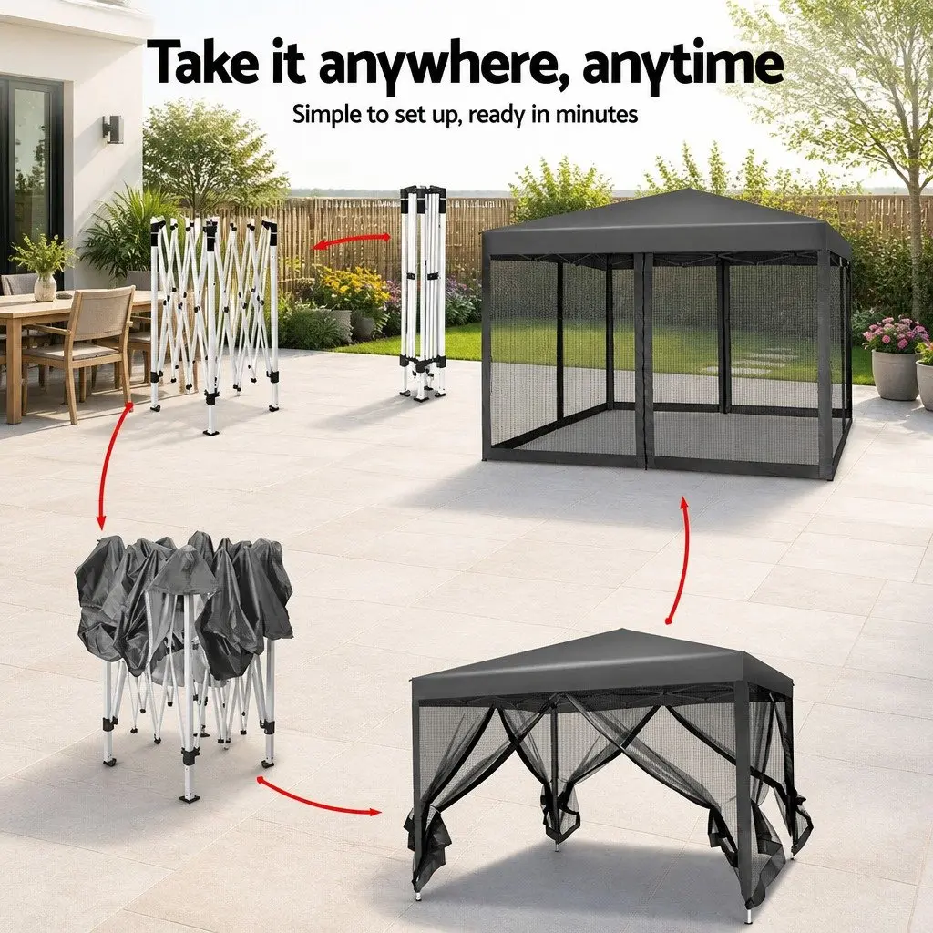 Pop Up Gazebo Canopy Grey 3x3m Waterproof UV Resistant with Mesh Walls