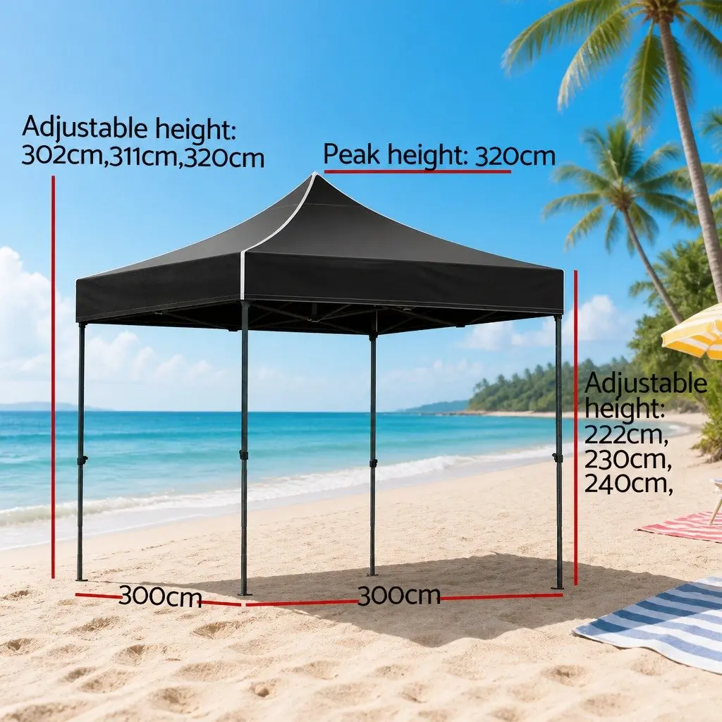 Pop Up Gazebo Black 3x3m Folding Marquee Tent Outdoor Canopy Shade