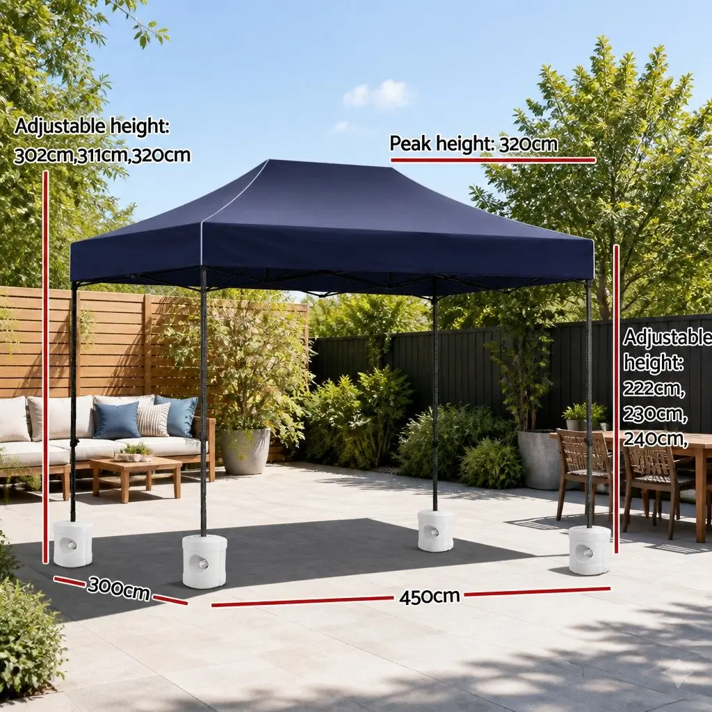 Pop Up Gazebo Navy 3x4.5m Folding Tent Outdoor Canopy Shade with 4 Base Pods
