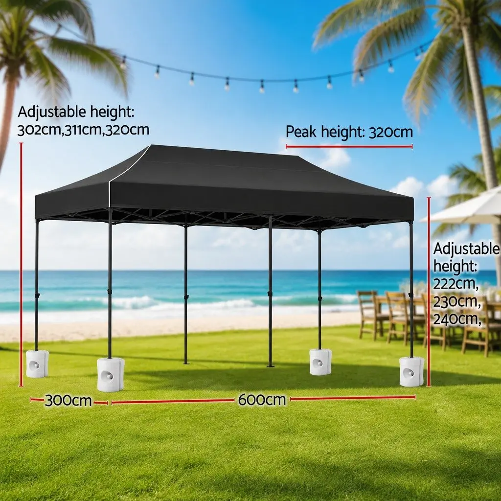 Pop Up Gazebo Canopy Tent Black 3x6m Folding Weather Resistant with Adjustable Height and 4 Base Pods