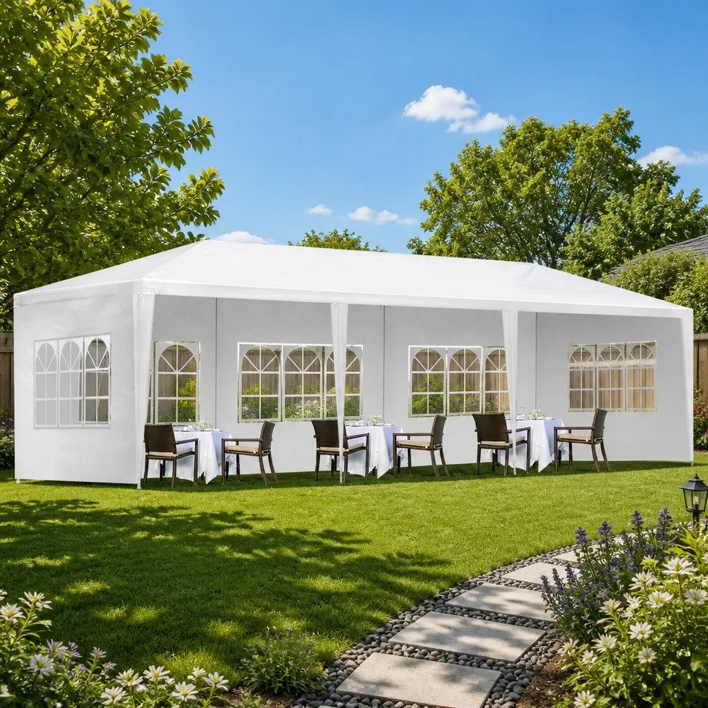 Gazebo White 3x9m Outdoor Canopy with 5 Removable Window Panels for Weddings Parties Camping