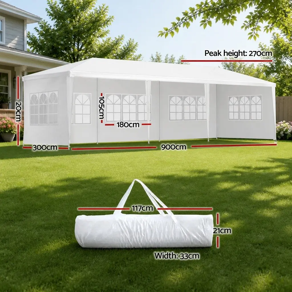 Gazebo White 3x9m Outdoor Canopy with 5 Removable Window Panels for Weddings Parties Camping