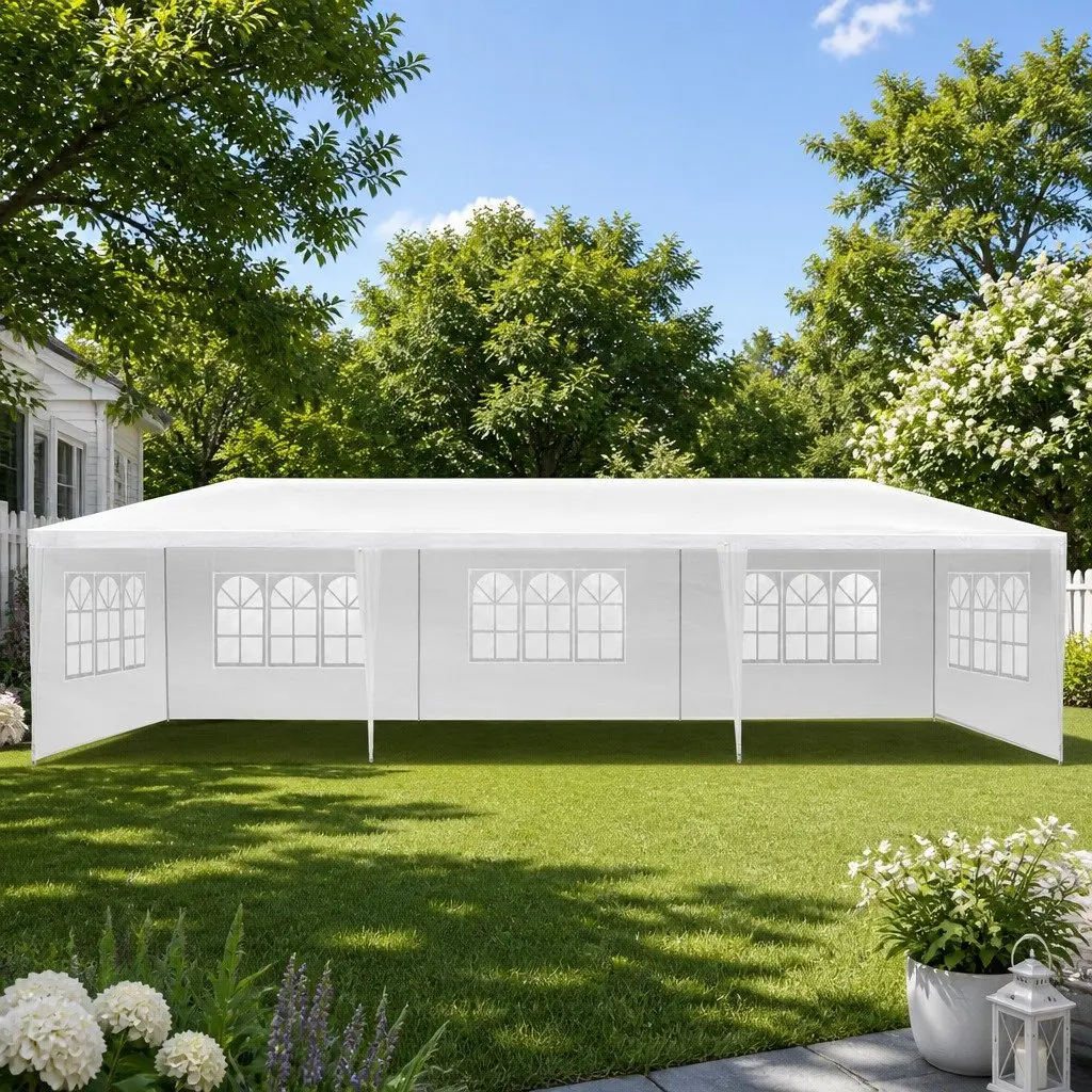 Gazebo White 3x9m Outdoor Canopy with 5 Removable Window Panels for Weddings Parties Camping