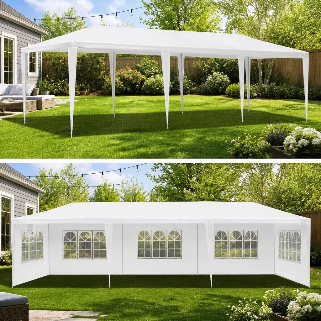 Gazebo White 3x9m Outdoor Canopy with 5 Removable Window Panels for Weddings Parties Camping