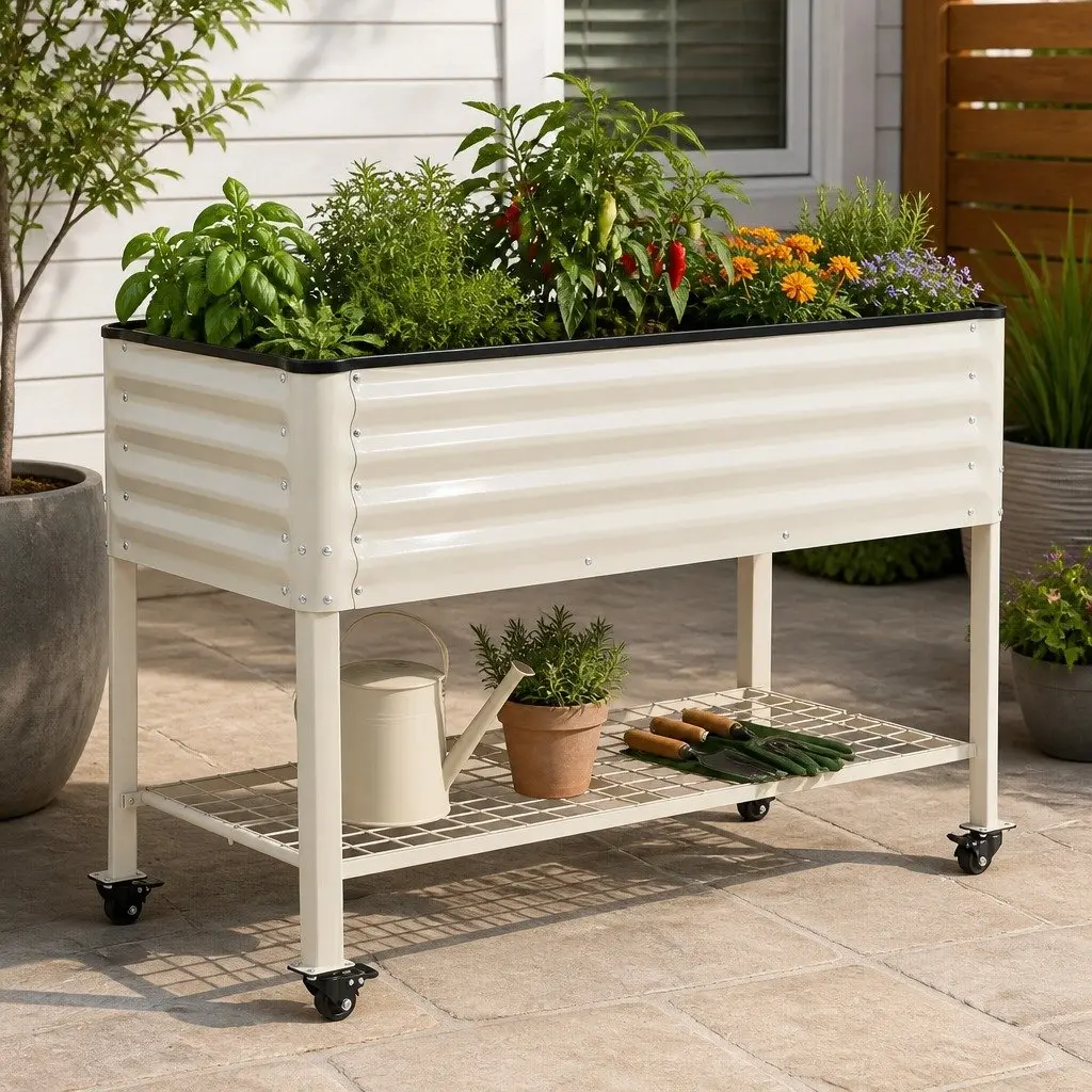Elevated Garden Bed White 115cm Mobile Planter with Wheels Storage Shelf 81cm