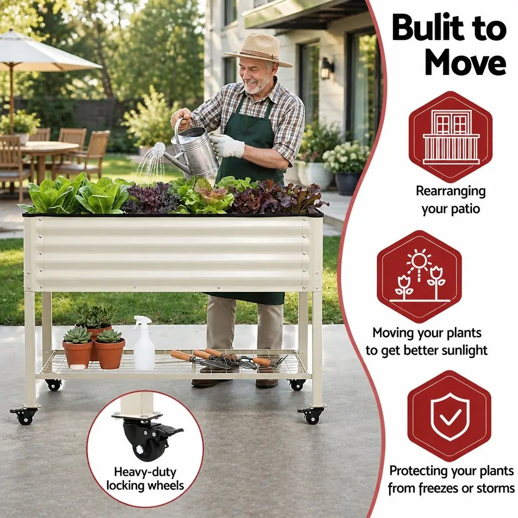 Elevated Garden Bed White 115cm Mobile Planter with Wheels Storage Shelf 81cm