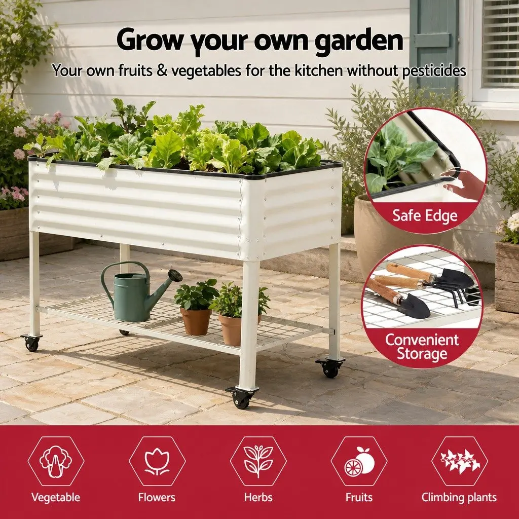 Elevated Garden Bed White 115cm Mobile Planter with Wheels Storage Shelf 81cm