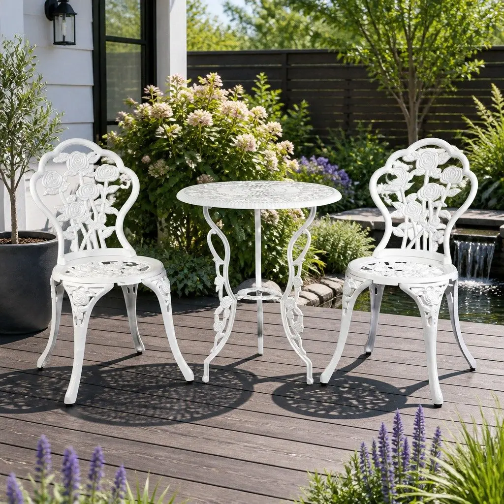 3-Piece Outdoor Bistro Set Garden Patio Furniture Chairs Table White