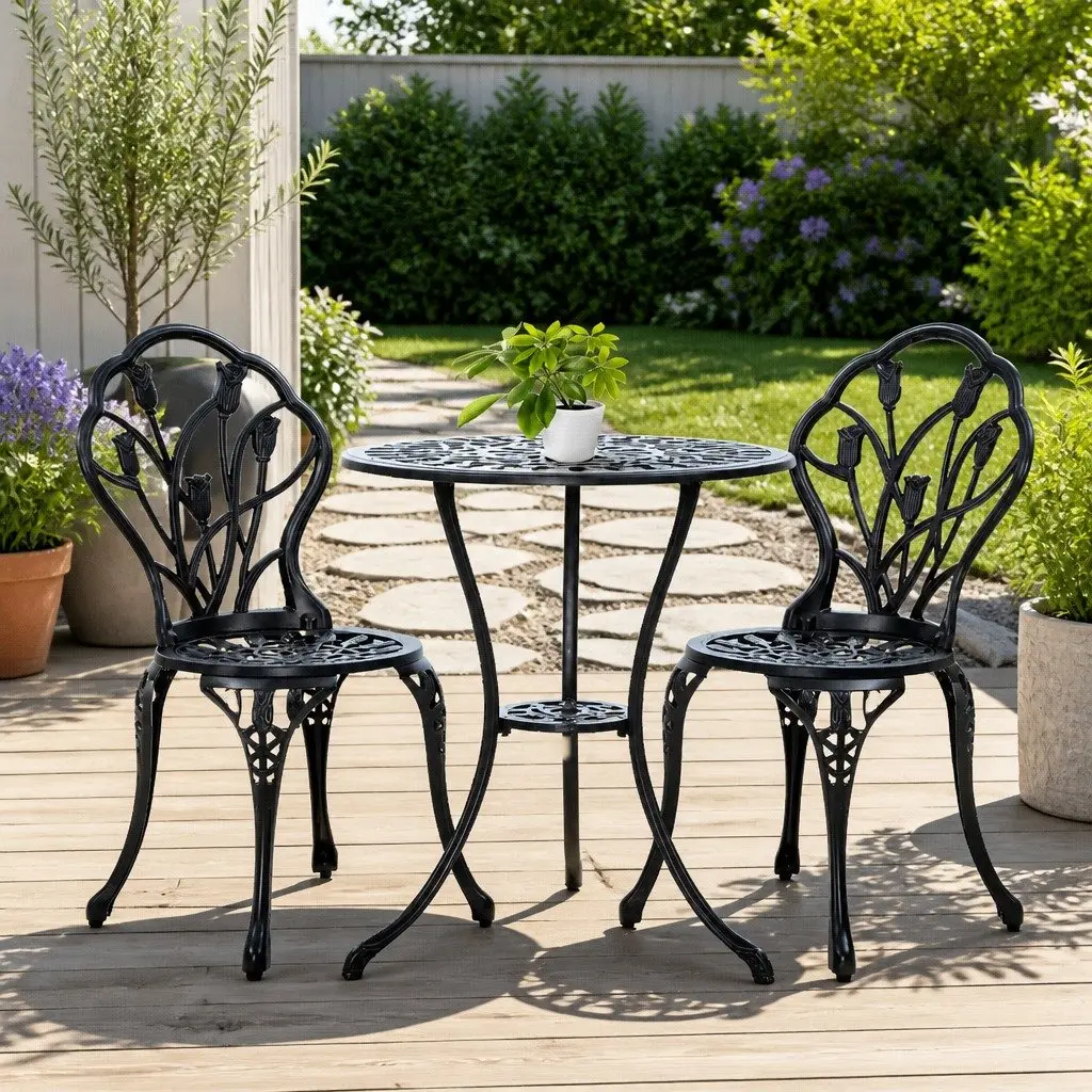 3PC Outdoor Bistro Set Patio Chairs Table Black Garden Furniture with Parasol