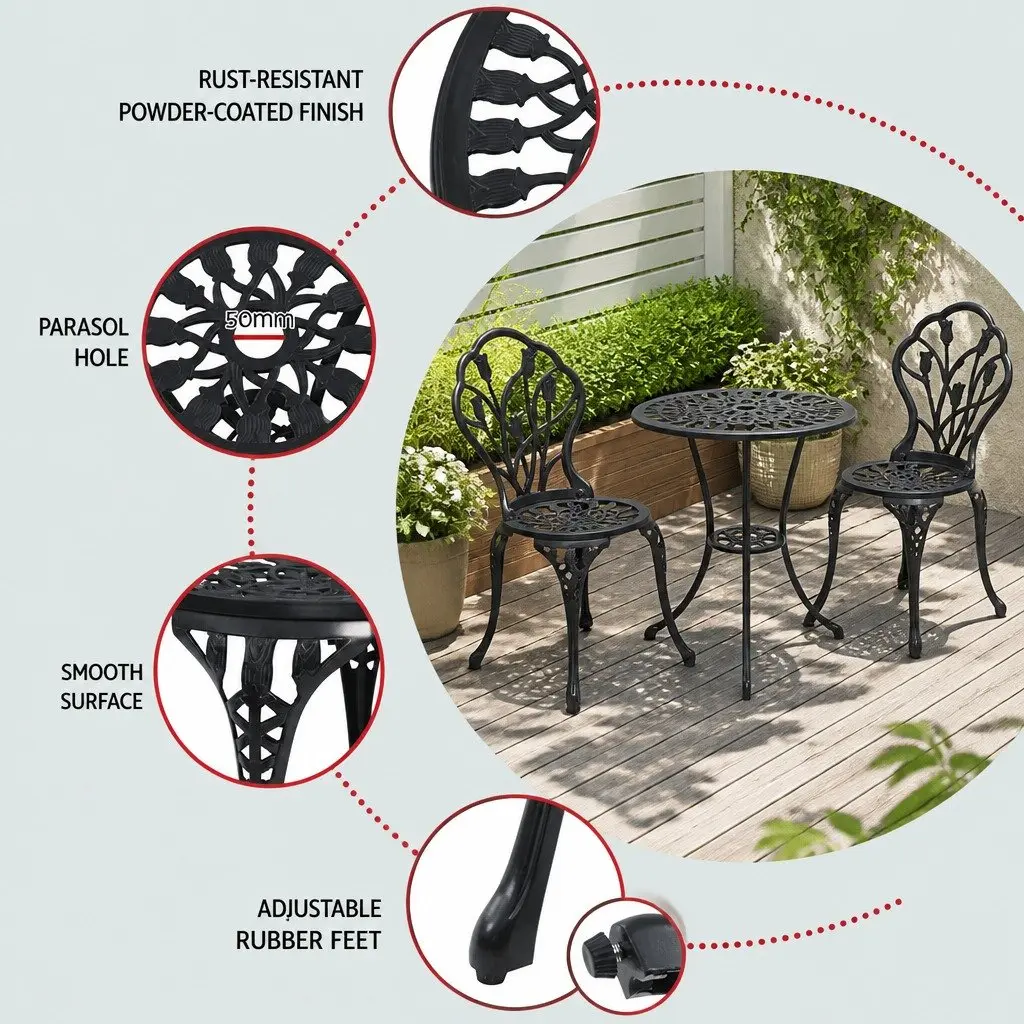 3PC Outdoor Bistro Set Patio Chairs Table Black Garden Furniture with Parasol