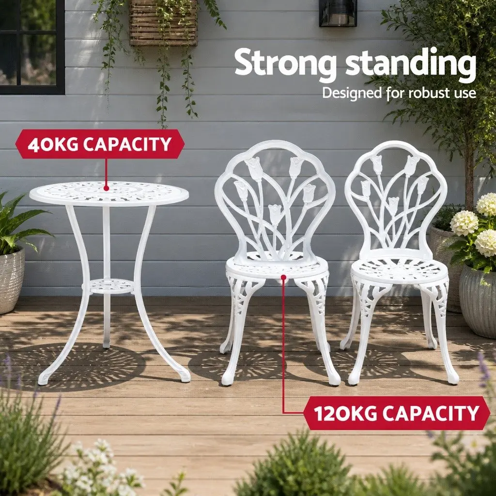 Outdoor Bistro Set 3PC Garden Furniture White Chairs Table Patio Dining Setting