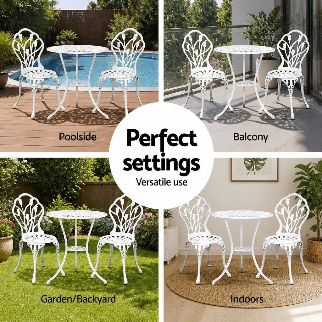 Outdoor Bistro Set 3PC Garden Furniture White Chairs Table Patio Dining Setting