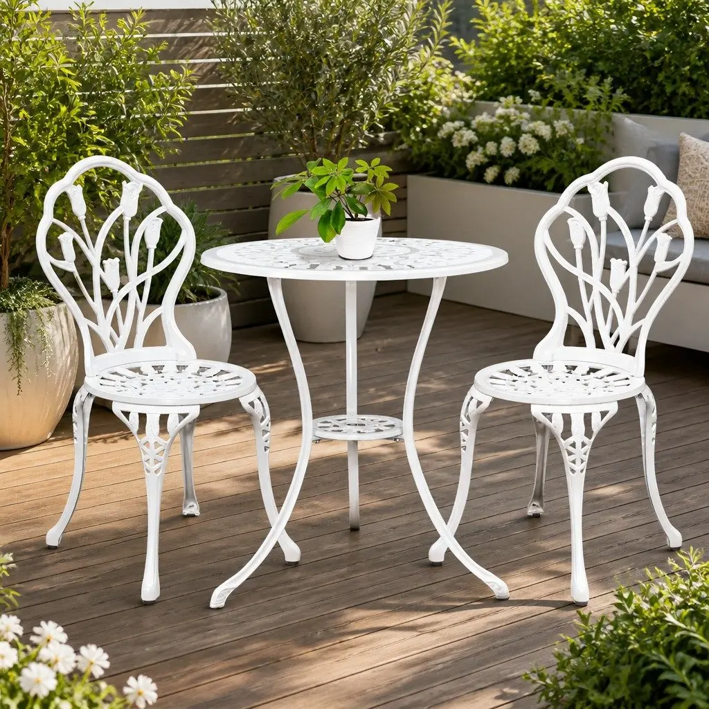 Outdoor Bistro Set 3PC Garden Furniture White Chairs Table Patio Dining Setting