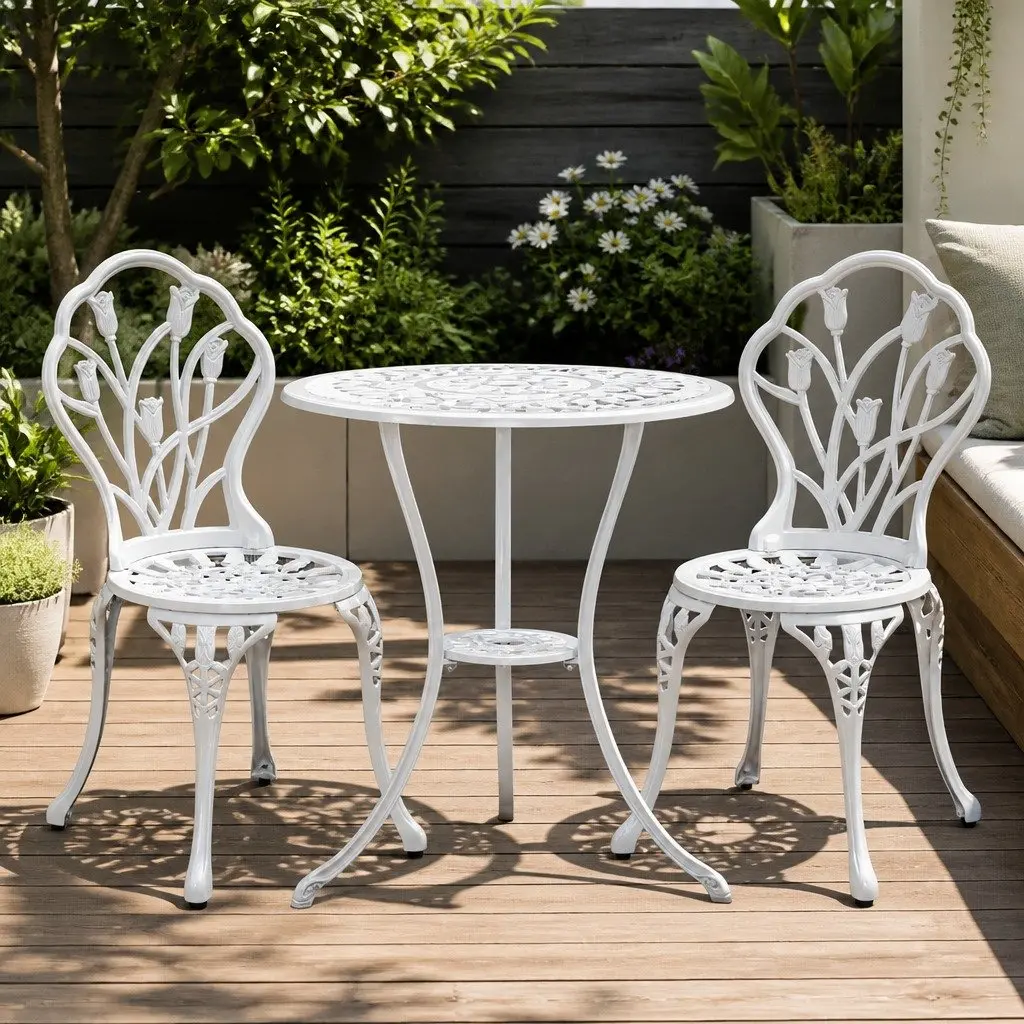 Outdoor Bistro Set 3PC Garden Furniture White Chairs Table Patio Dining Setting