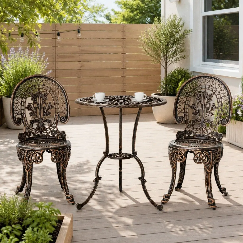 3PC Outdoor Bistro Set Bronze Cast Aluminium Dining Chairs Table Weather Resistant