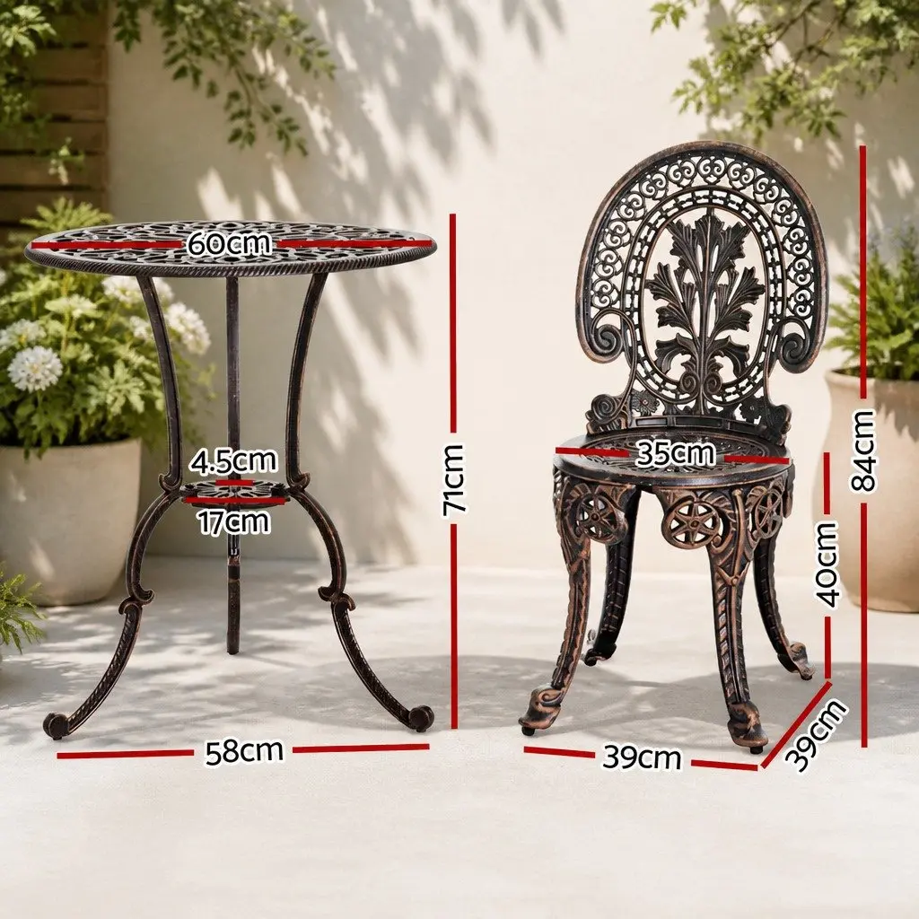 3PC Outdoor Bistro Set Bronze Cast Aluminium Dining Chairs Table Weather Resistant