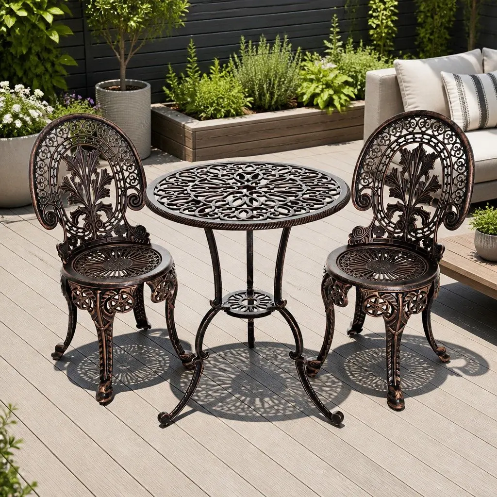 3PC Outdoor Bistro Set Bronze Cast Aluminium Dining Chairs Table Weather Resistant