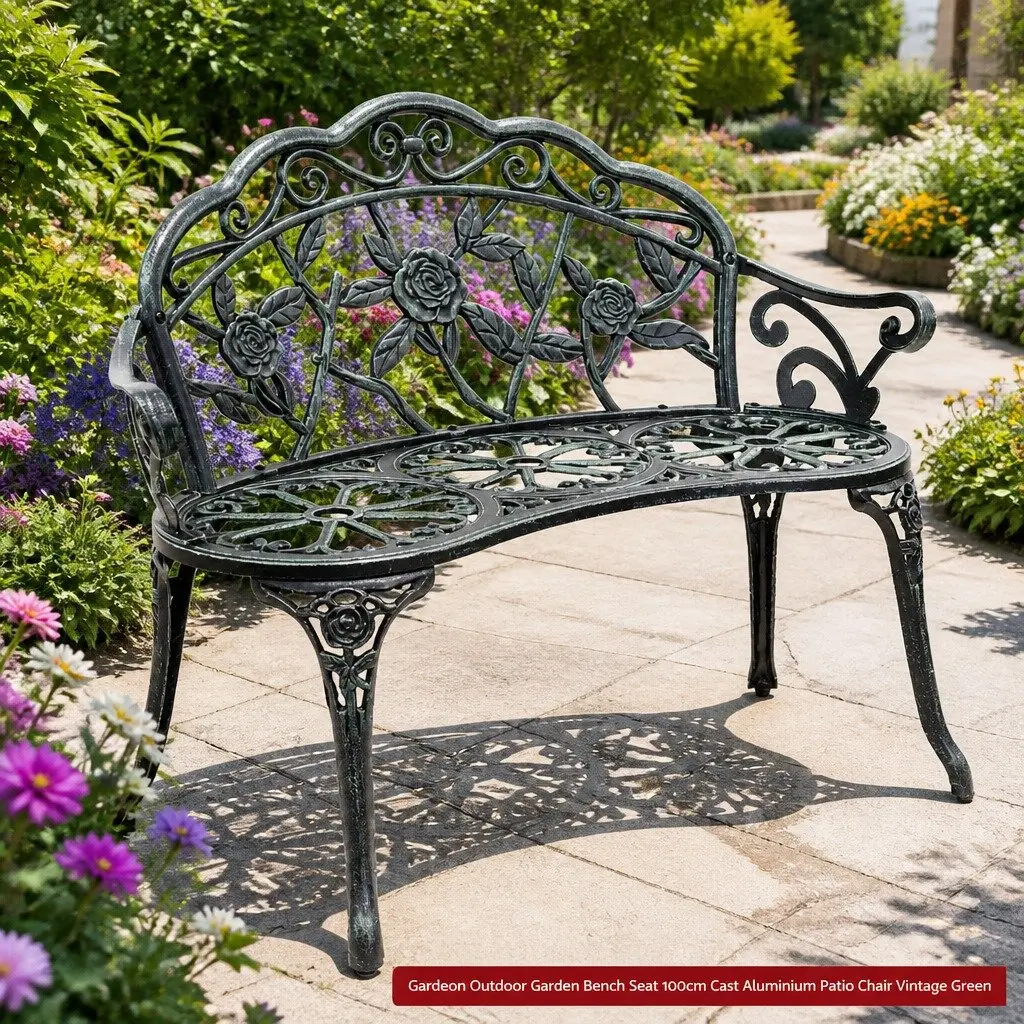 Garden Bench Seat 100cm Cast Aluminium Outdoor Patio Chair Vintage Green