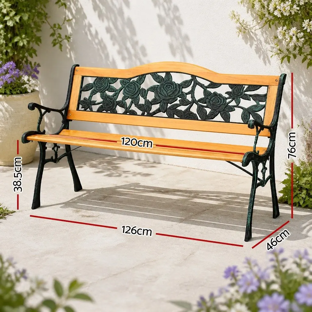Outdoor Bench Oak 126cm 3 Seater Cast Iron Hardwood Rose Pattern Backrest