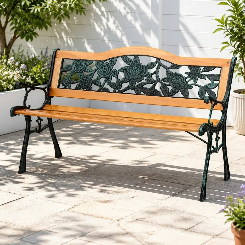 Outdoor Bench Oak 126cm 3 Seater Cast Iron Hardwood Rose Pattern Backrest