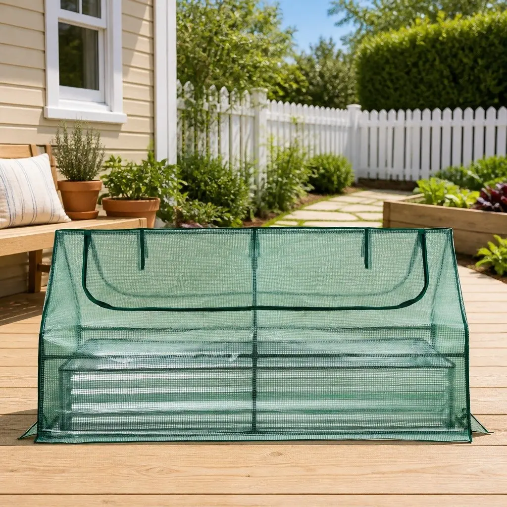 Raised Garden Bed Green and Silver 190 x 90 x 90 cm 3 in 1 Galvanised Planter Box with Greenhouse Cover and Ventilation Windows