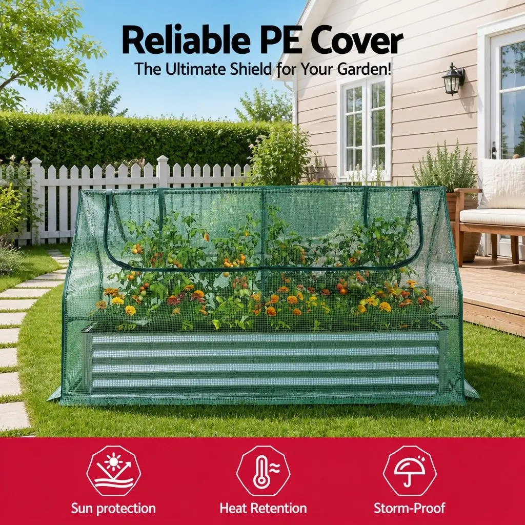 Raised Garden Bed Green and Silver 190 x 90 x 90 cm 3 in 1 Galvanised Planter Box with Greenhouse Cover and Ventilation Windows