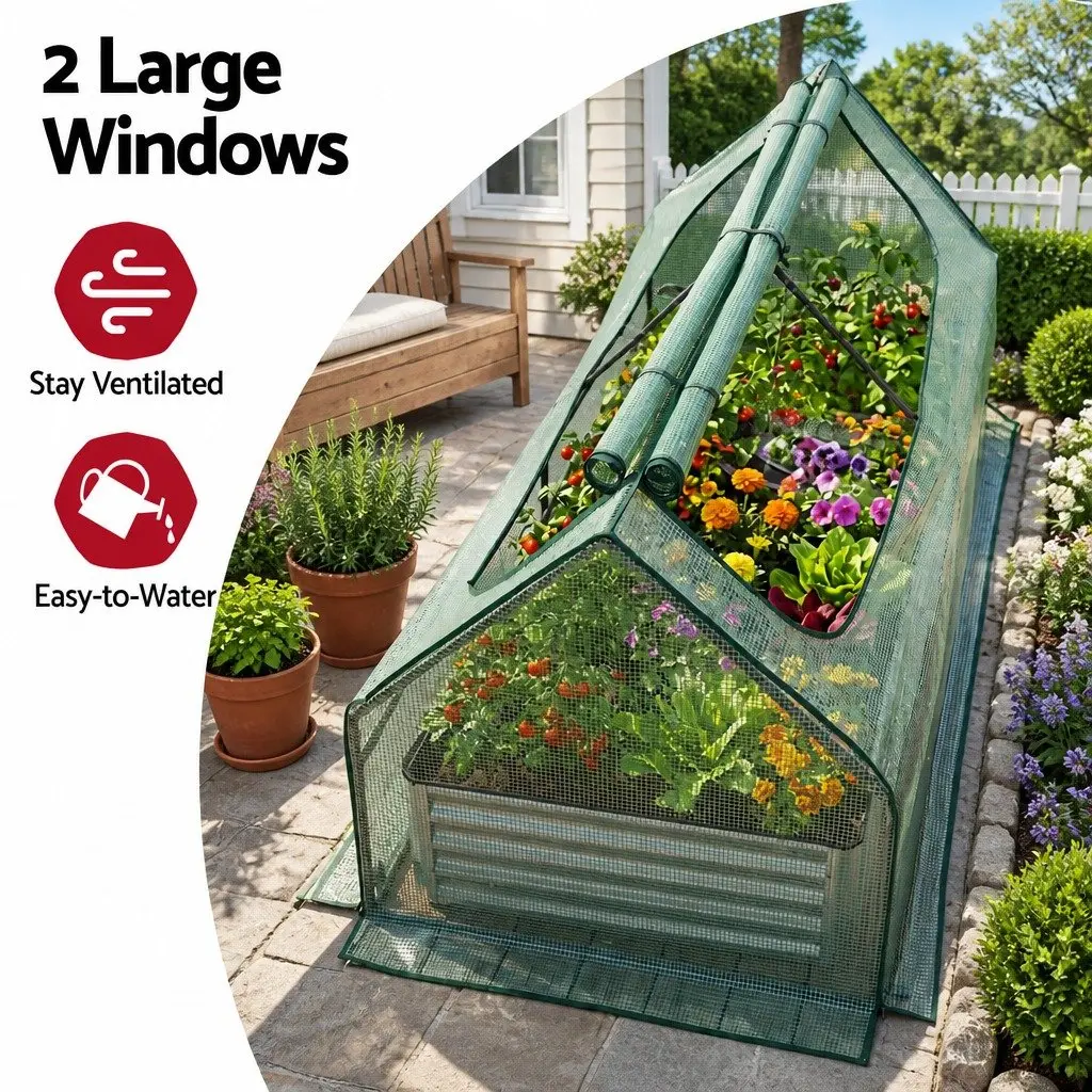Raised Garden Bed Green and Silver 190 x 90 x 90 cm 3 in 1 Galvanised Planter Box with Greenhouse Cover and Ventilation Windows