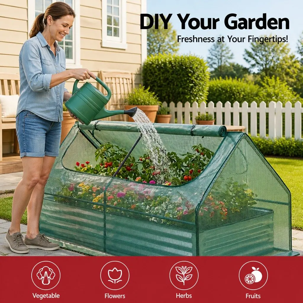Raised Garden Bed Green and Silver 190 x 90 x 90 cm 3 in 1 Galvanised Planter Box with Greenhouse Cover and Ventilation Windows