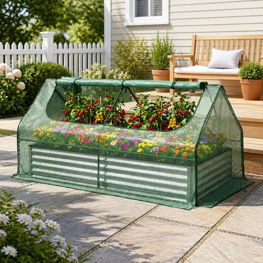 Raised Garden Bed Green and Silver 190 x 90 x 90 cm 3 in 1 Galvanised Planter Box with Greenhouse Cover and Ventilation Windows