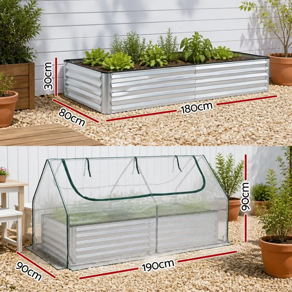 Raised Garden Bed Greenhouse Planter Box White Silver 3 in 1 with Opening Windows