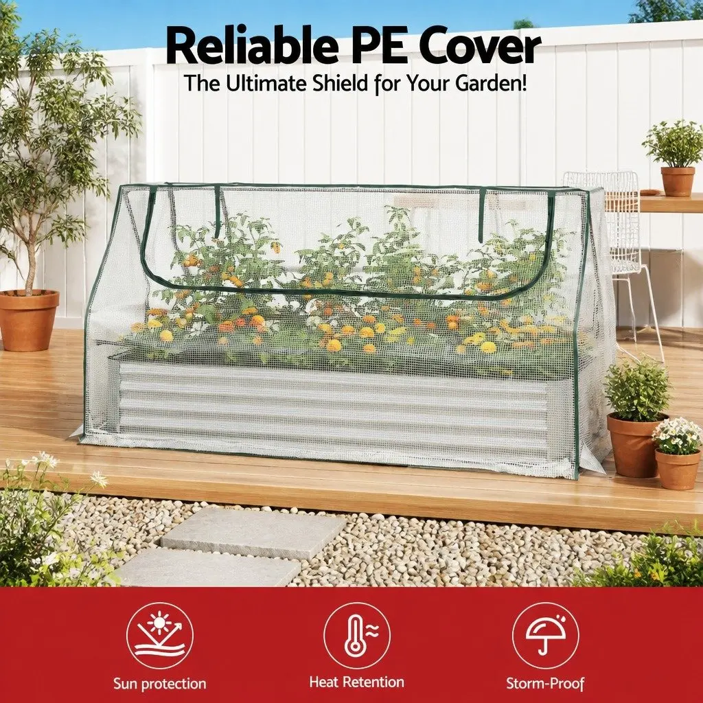 Raised Garden Bed Greenhouse Planter Box White Silver 3 in 1 with Opening Windows
