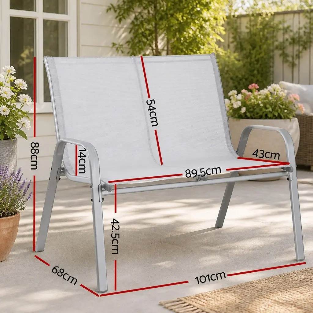 Outdoor Bench Grey 2-Seat Steel Frame Textilene Fabric Weather Resistant
