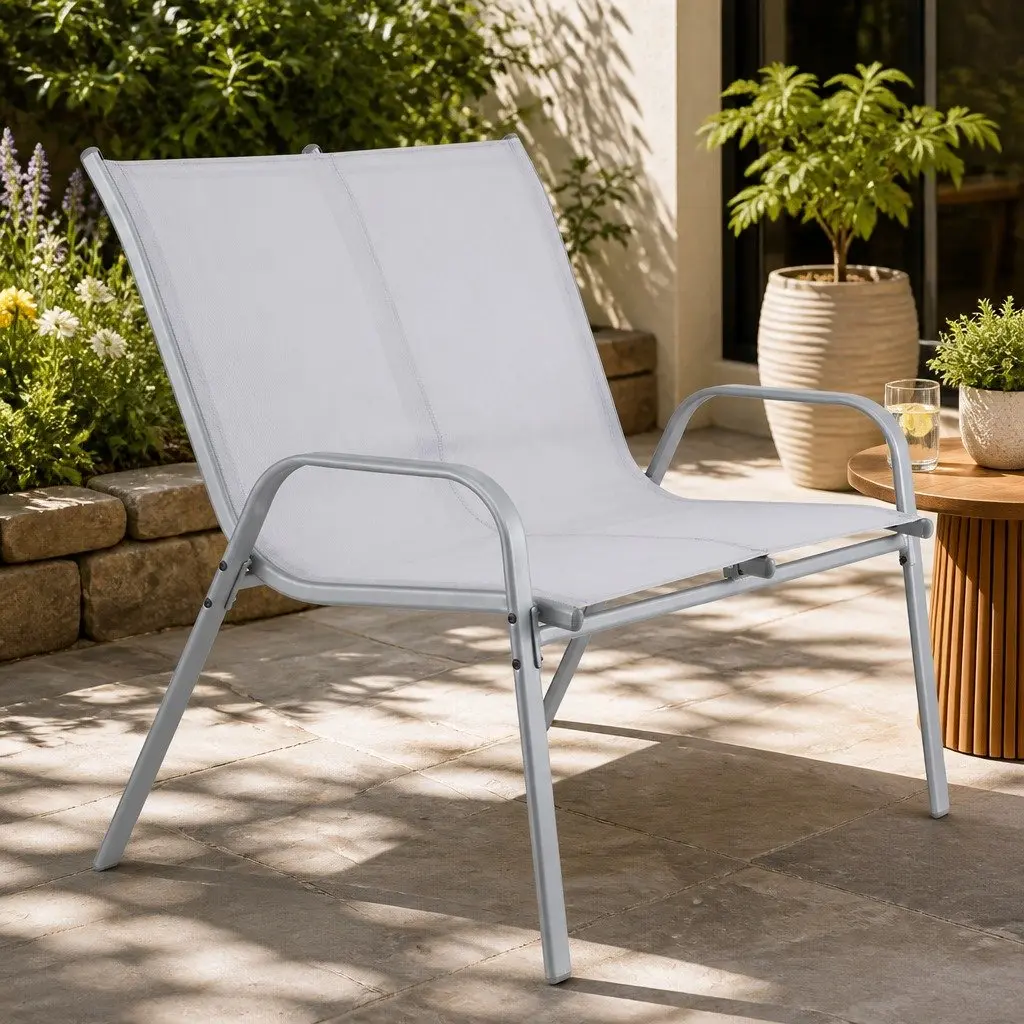 Outdoor Bench Grey 2-Seat Steel Frame Textilene Fabric Weather Resistant
