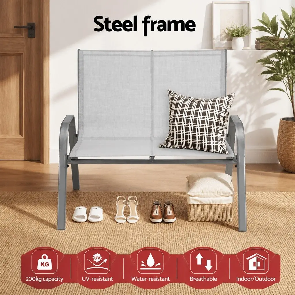 Outdoor Bench Grey 2-Seat Steel Frame Textilene Fabric Weather Resistant