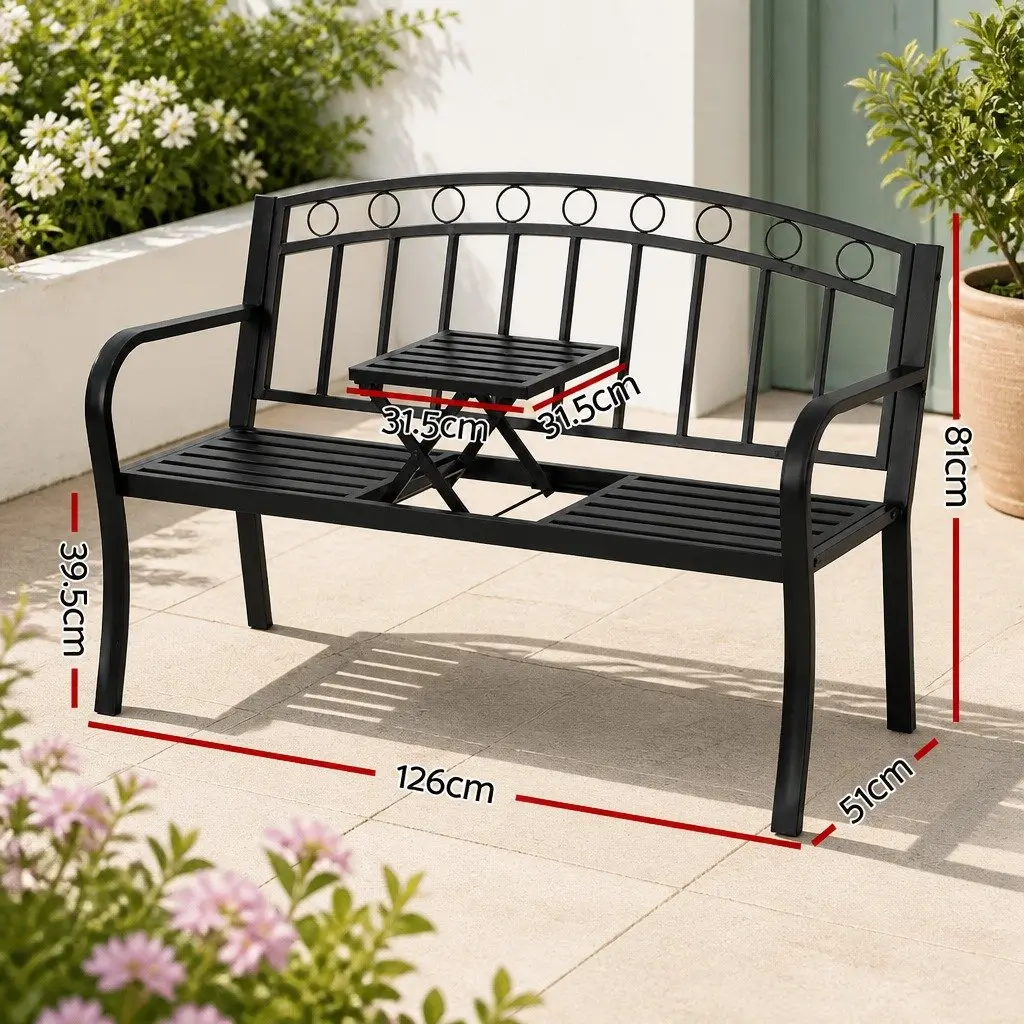 Outdoor Garden Bench Black Steel 3-Seater Foldable Table Weather-Resistant