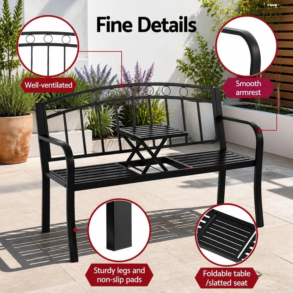 Outdoor Garden Bench Black Steel 3-Seater Foldable Table Weather-Resistant