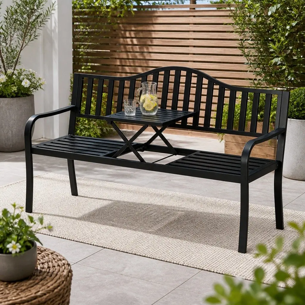 Outdoor Garden Bench Black Steel Foldable Table 3 Seater