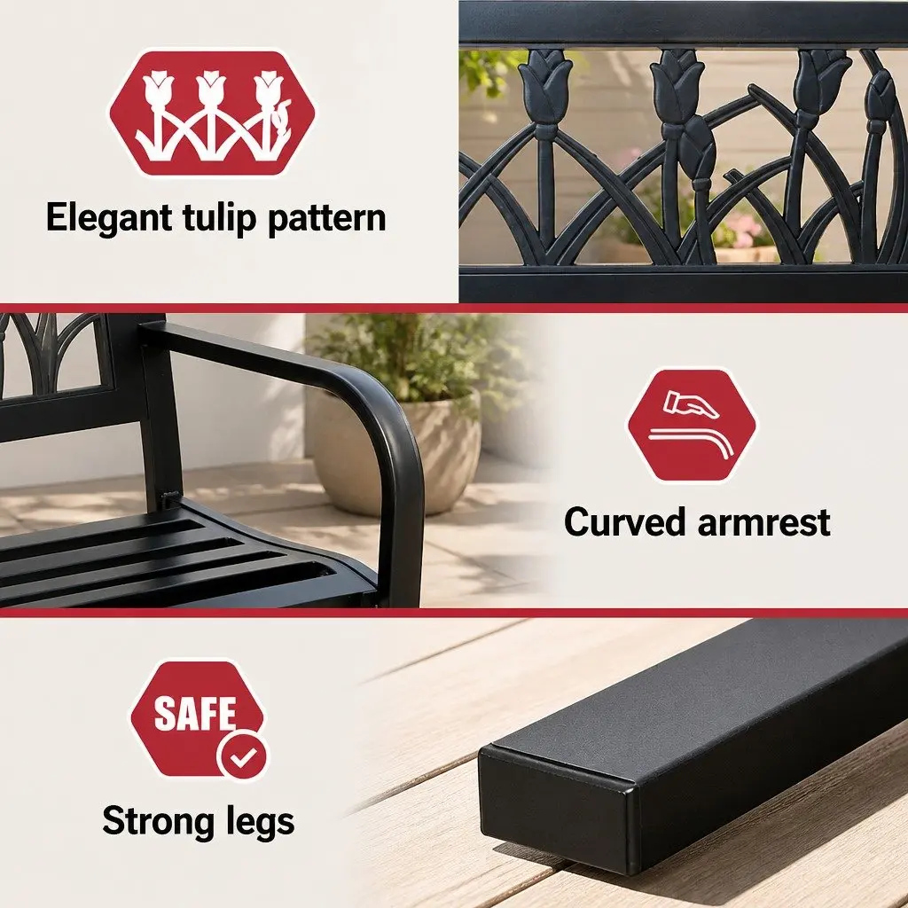Outdoor Bench Black Steel Frame 2 Seater Slatted Seat Backrest