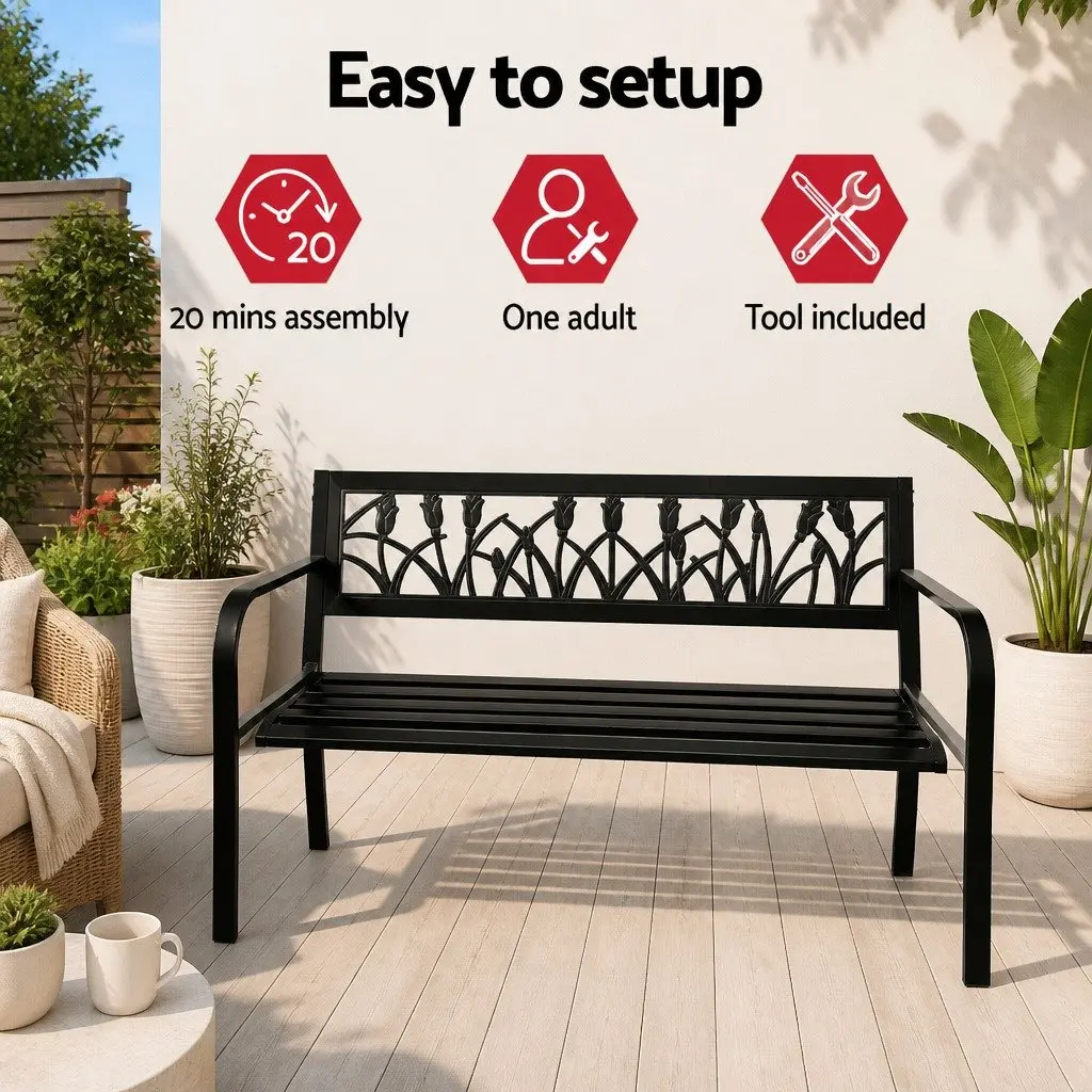 Outdoor Bench Black Steel Frame 2 Seater Slatted Seat Backrest