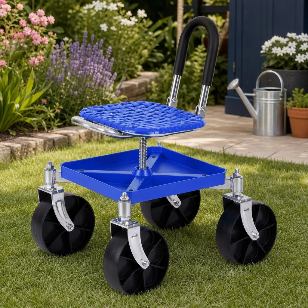 Garden Stool Blue Height Adjustable 360 Swivel with Castors