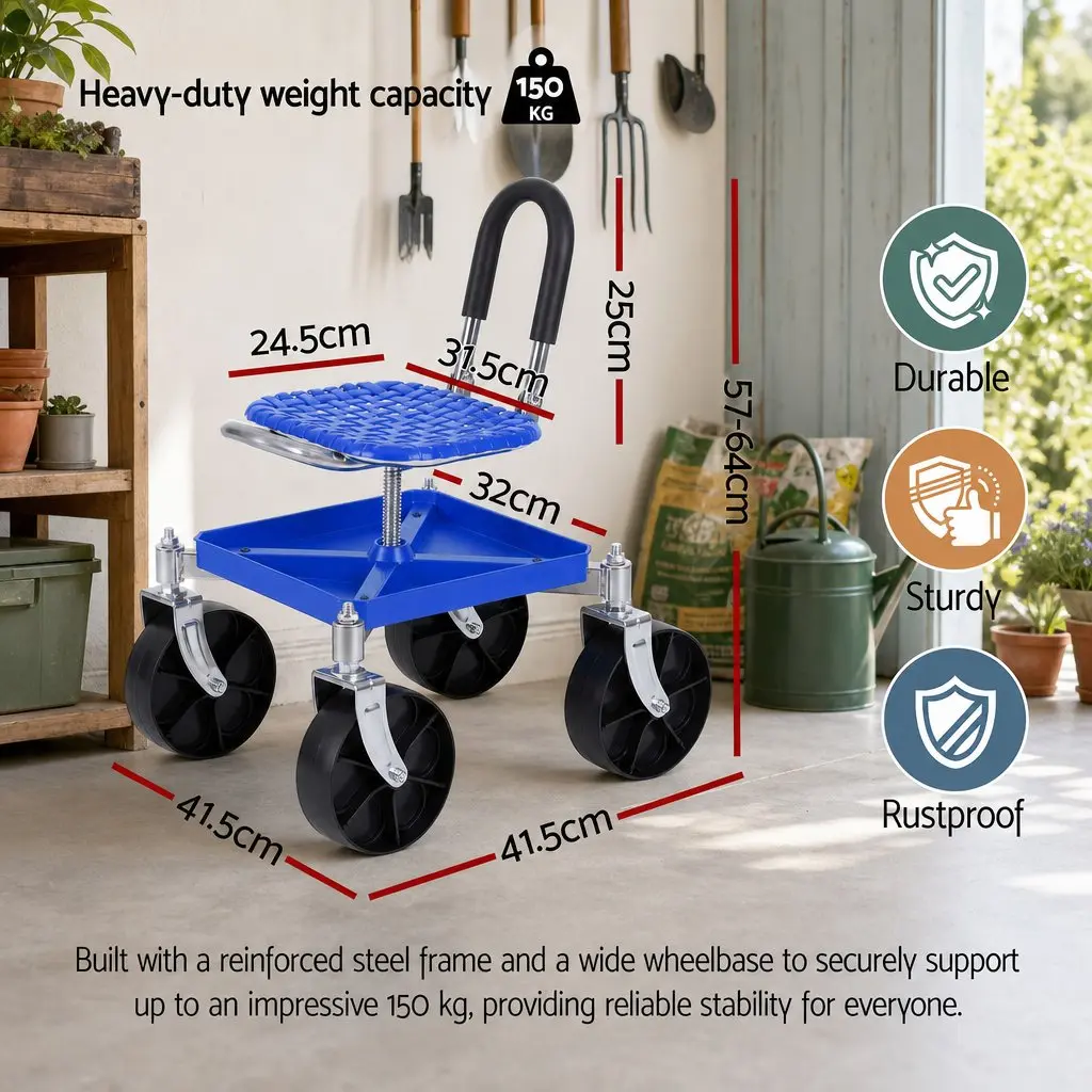 Garden Stool Blue Height Adjustable 360 Swivel with Castors