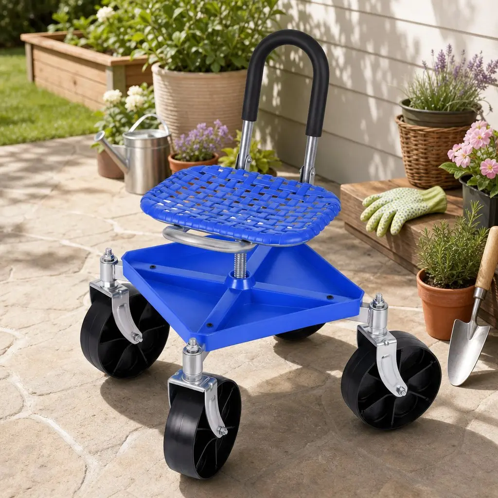 Garden Stool Blue Height Adjustable 360 Swivel with Castors