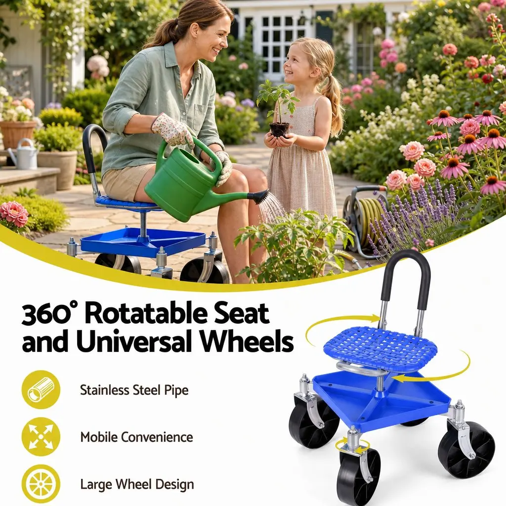 Garden Stool Blue Height Adjustable 360 Swivel with Castors
