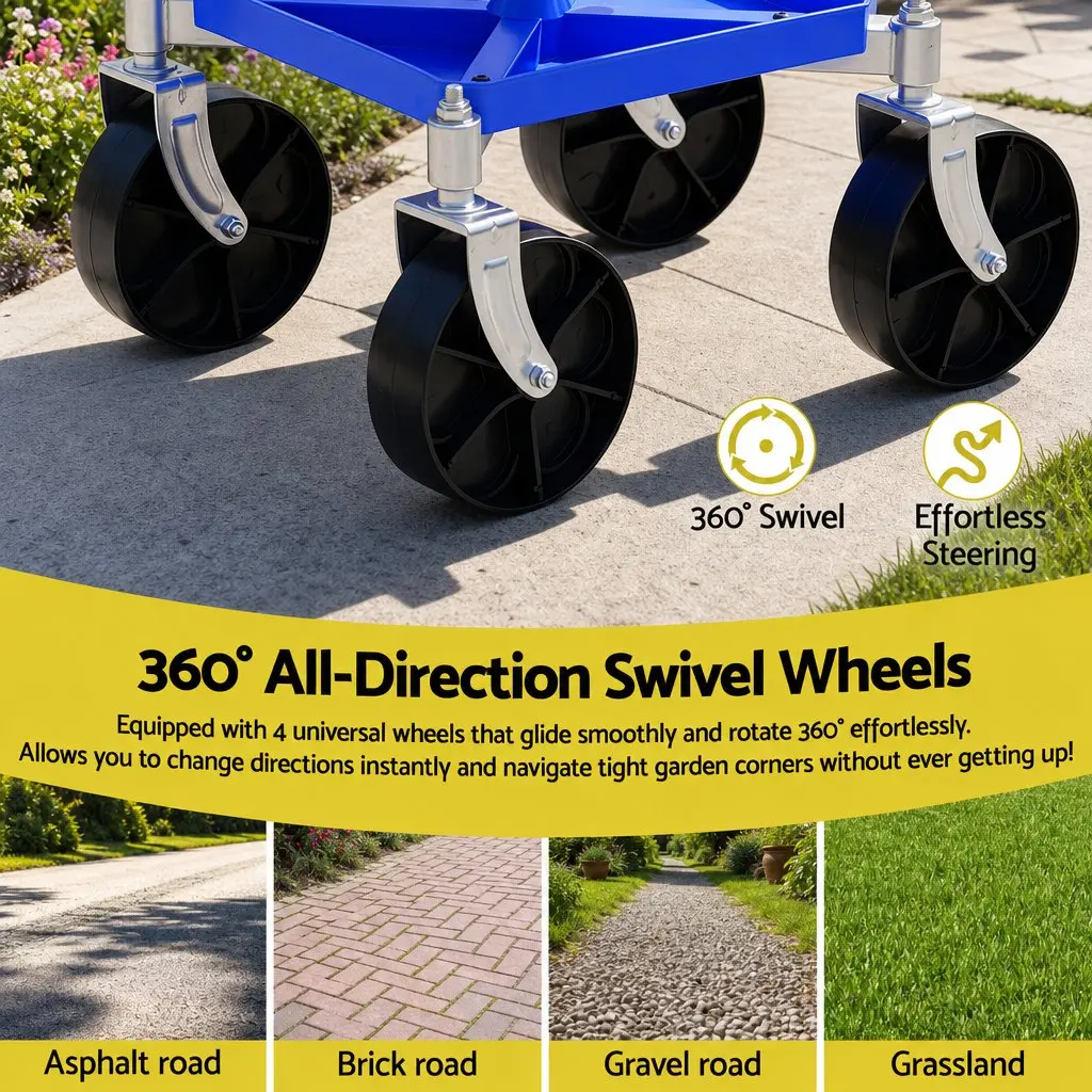 Garden Stool Blue Height Adjustable 360 Swivel with Castors