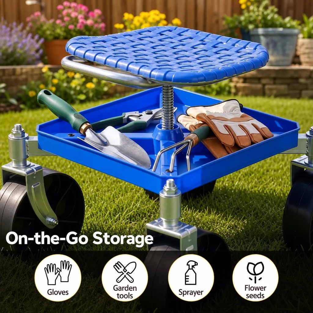 Garden Stool Blue Height Adjustable 360 Swivel with Castors