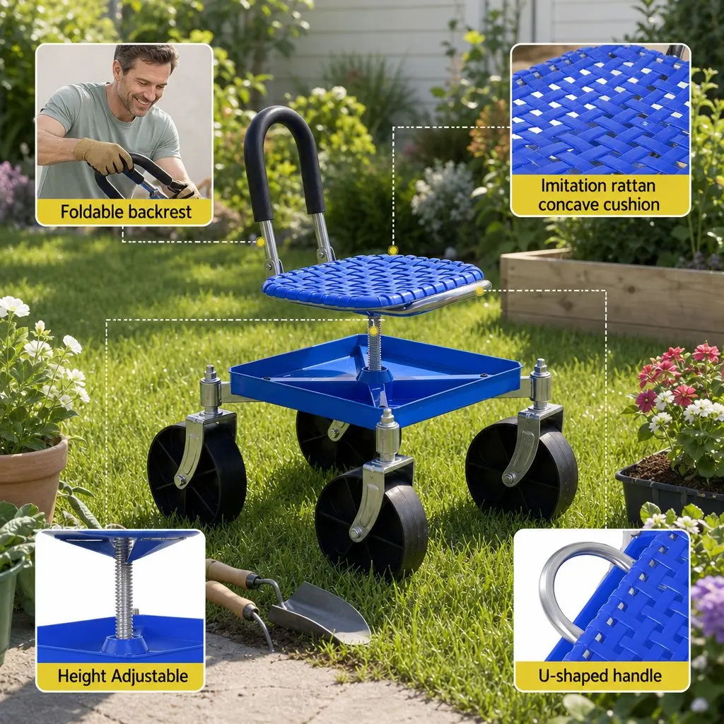 Garden Stool Blue Height Adjustable 360 Swivel with Castors