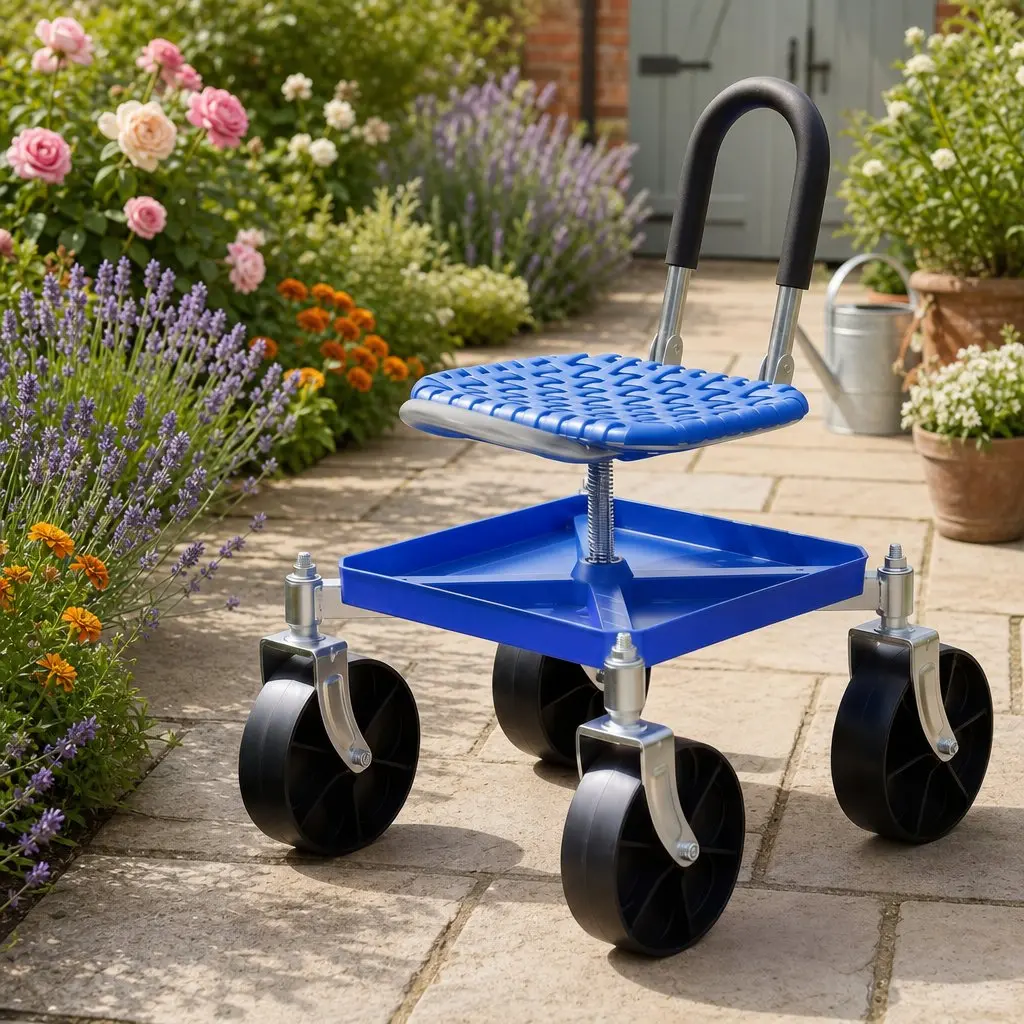 Garden Stool Blue Height Adjustable 360 Swivel with Castors